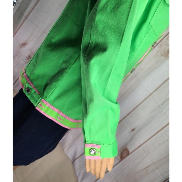 QUACKER FACTORY Women's M-L Lime Green Jean Jacket Rhinestones Pink Accents - Picture 7 of 10